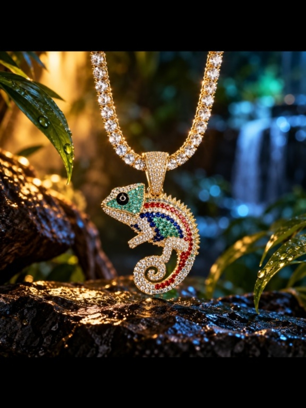 Gold-Tone Multicolor Chameleon Pendant Necklace - Men Accessories